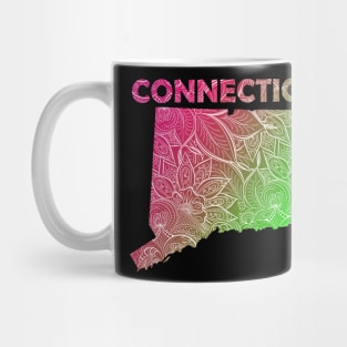 Colorful mandala art map of Connecticut with text in pink and green Mug